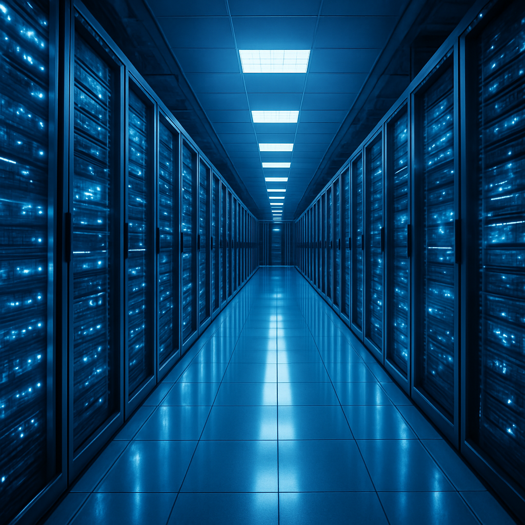 Modern data center with illuminated server racks