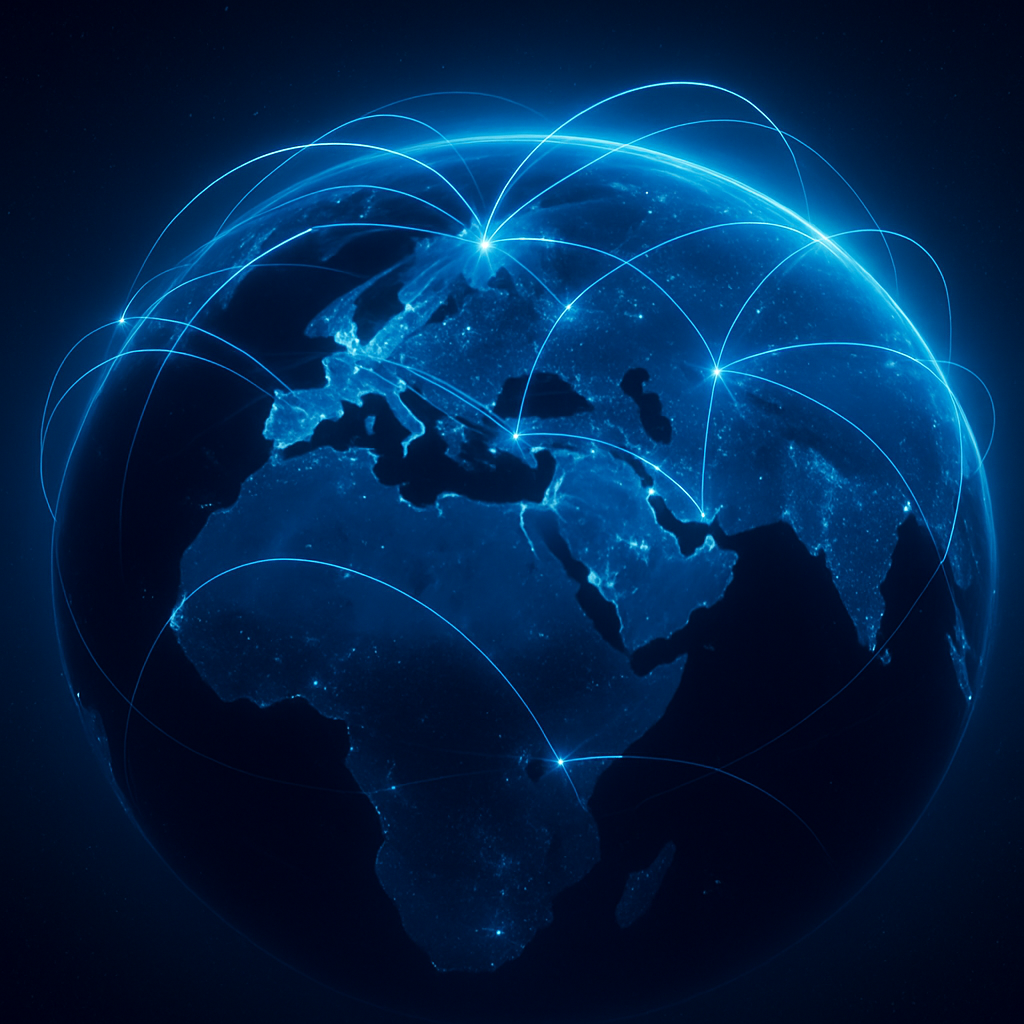 Illustration of a glowing globe with international voice network connections